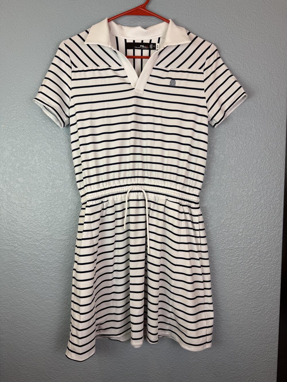 RLX Ralph Lauren Dress Teens XL White Navy Striped Polo Collar Golf Pockets